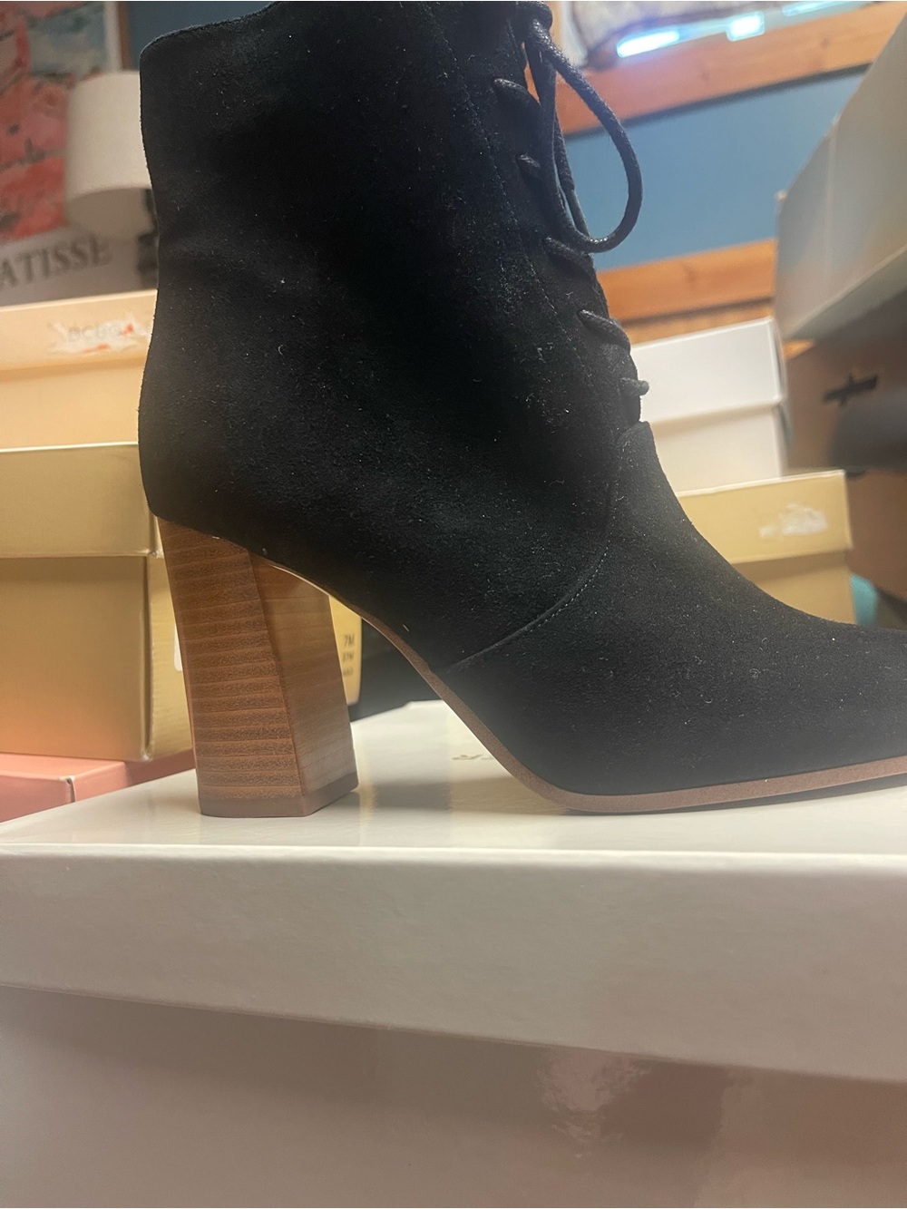 Marc Fisher Black Suede Lace-Up Block Heel Ankle Boots